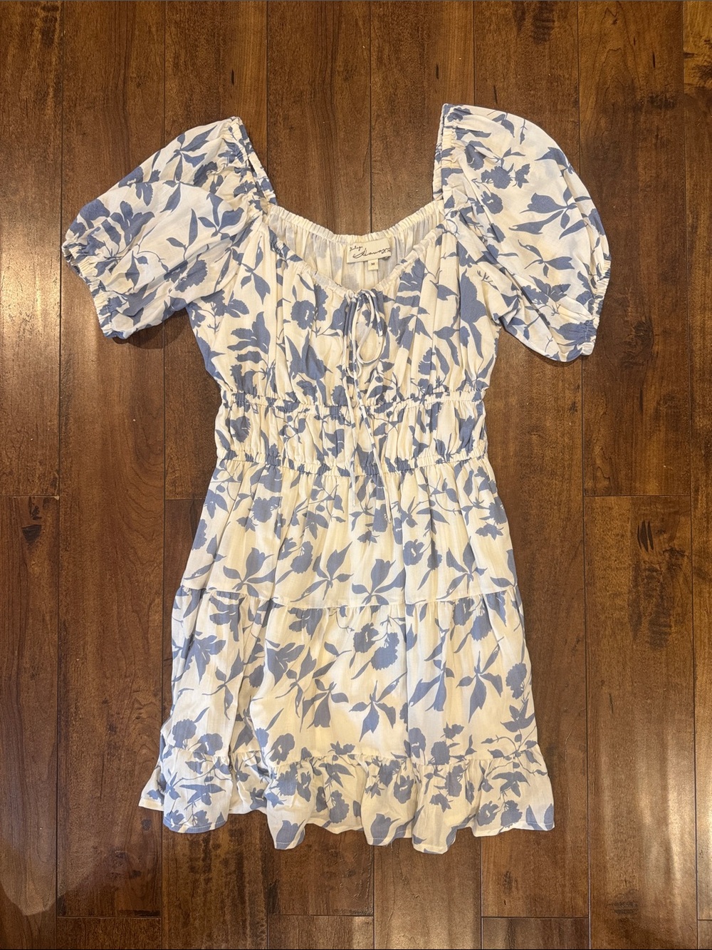 Vintage Havana White Dress with Light Blue Floral Print & Puff Sleeves